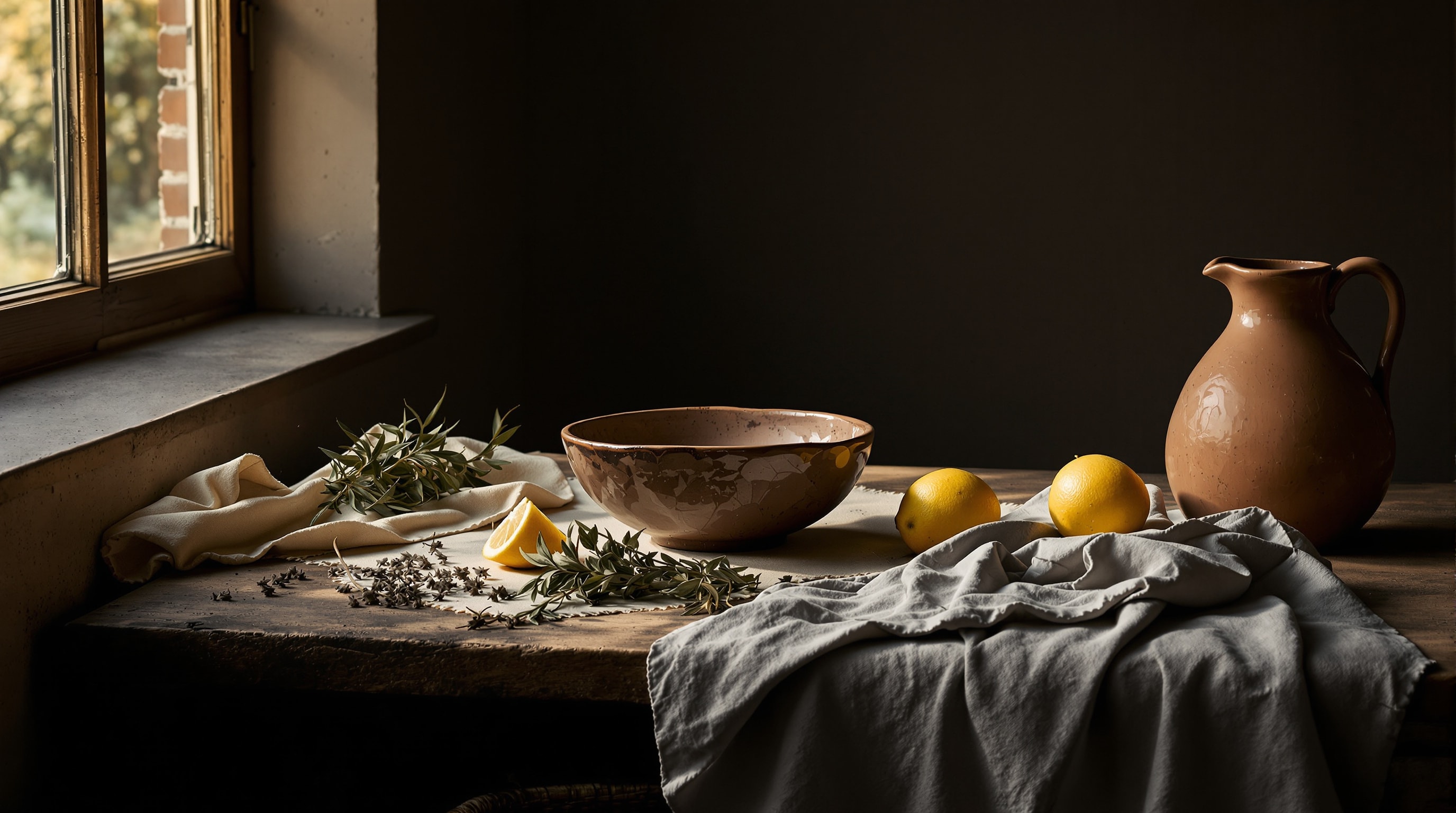 Bodegón de cocina con cuenco de barro y paño de lino